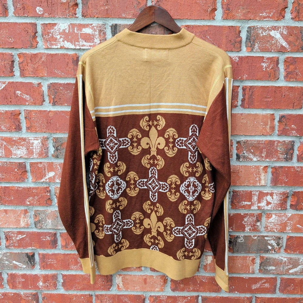 Royal Prestige Sweater Mens Large Brown Yellow Fleur-de-lis Cross Knit Pullover - Picture 2 of 5